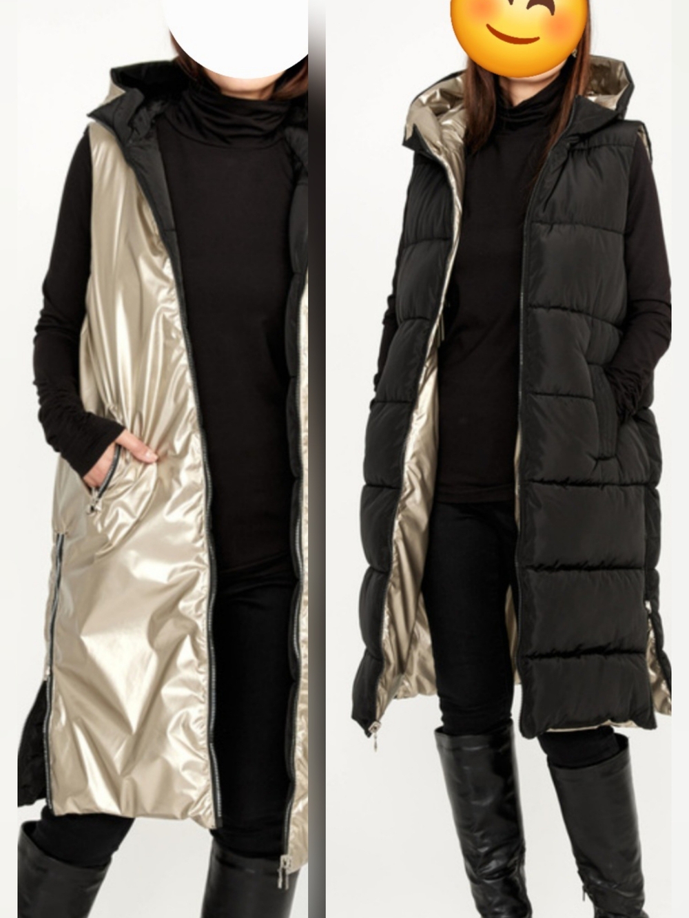 Frank Lyman Design Reversible Long Hooded Puffer Vest in Black and Metallic